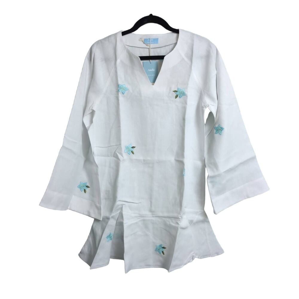 NWT Andie x Fanm Mon Serik Linen Dress White V-Neck Bell Sleeve Embroidered Rela